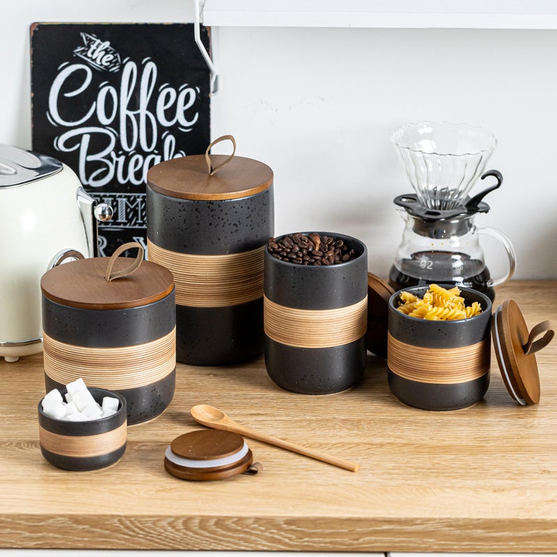 Miamolo Small Ceramic Jar with Lid, Coffee Container Kitchen Food Storage Jars for Spice Sugar Tea Bag Matcha Container Airtight, Stacairtightkable Decorative Jars for Countertop, Black & 5 fl.oz - Image 4