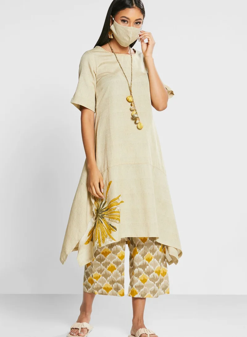 Biba Asymmetric Printed Kurti & Pants Set
