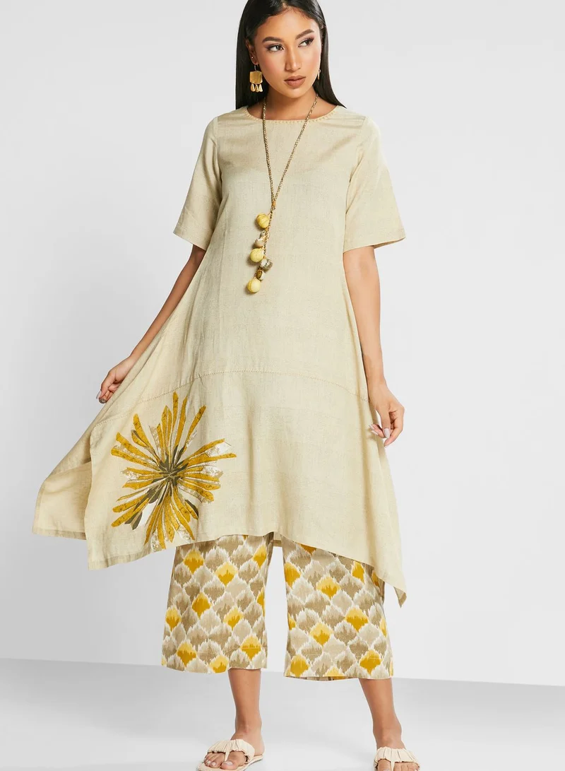Biba Asymmetric Printed Kurti & Pants Set