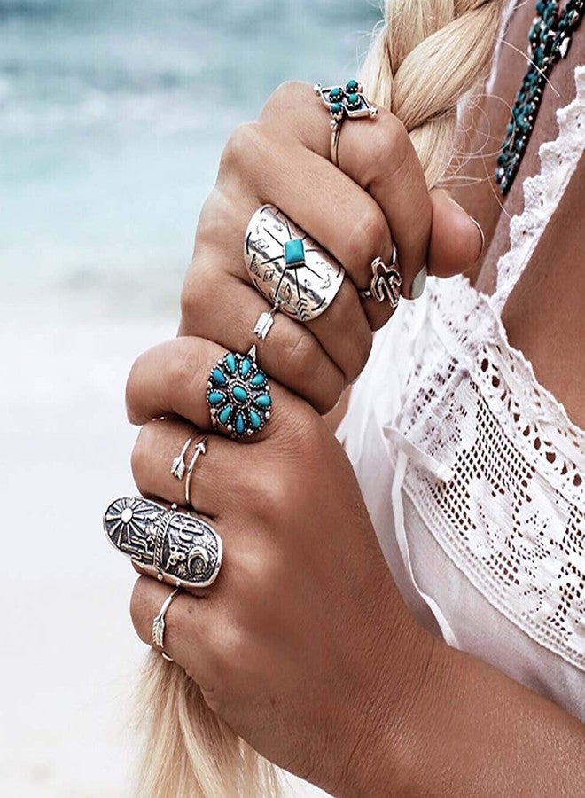 ELABEST Size7-9 Western Ring Set Silver Turquoise Cactus Arrow Flower Carved Retro Stackable Joint Knuckle Finger Rings Sets for Women(9 Pcs) - Image 3