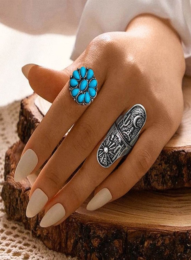 ELABEST Size7-9 Western Ring Set Silver Turquoise Cactus Arrow Flower Carved Retro Stackable Joint Knuckle Finger Rings Sets for Women(9 Pcs) - Image 4