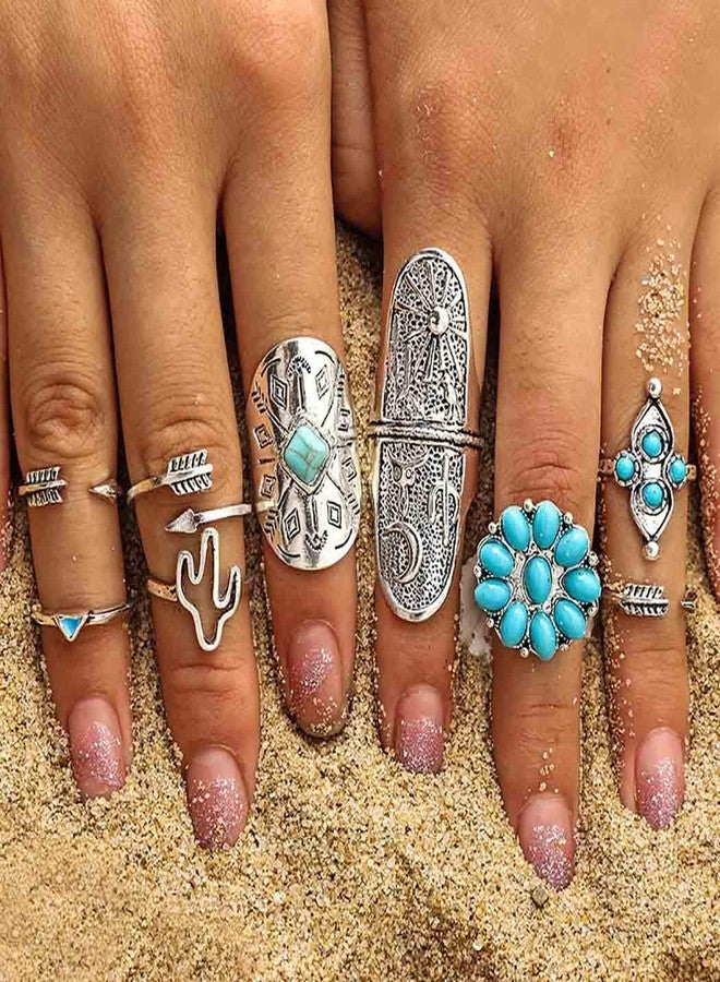 ELABEST Size7-9 Western Ring Set Silver Turquoise Cactus Arrow Flower Carved Retro Stackable Joint Knuckle Finger Rings Sets for Women(9 Pcs) - Image 1
