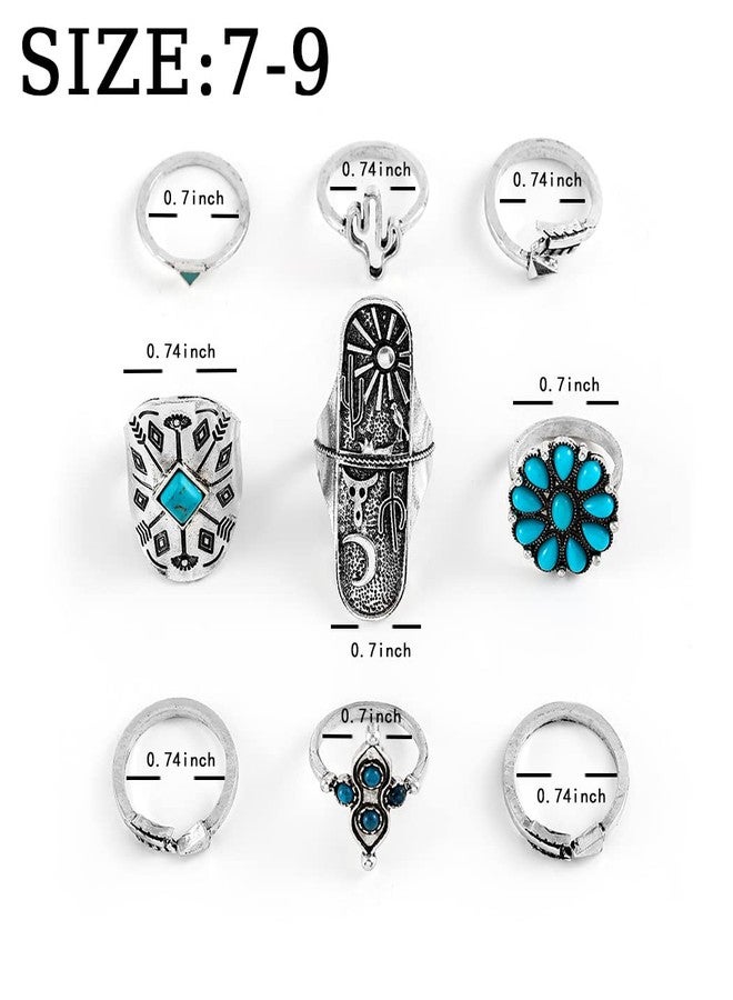 ELABEST Size7-9 Western Ring Set Silver Turquoise Cactus Arrow Flower Carved Retro Stackable Joint Knuckle Finger Rings Sets for Women(9 Pcs) - Image 2