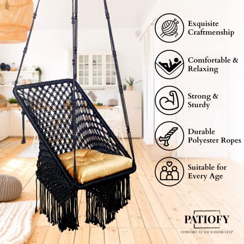 Patiofy Polyester Square Swing for Adults for Home/Swing for Balcony/Swing for Kids/Hammock Hanging Swing Chair/includes Golden Cream Square Cushion & Hanging Kit/ 150Kg Capacity-Black - Image 5