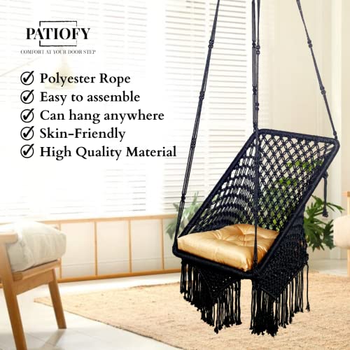 Patiofy Polyester Square Swing for Adults for Home/Swing for Balcony/Swing for Kids/Hammock Hanging Swing Chair/includes Golden Cream Square Cushion & Hanging Kit/ 150Kg Capacity-Black - Image 4