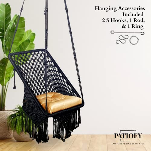 Patiofy Polyester Square Swing for Adults for Home/Swing for Balcony/Swing for Kids/Hammock Hanging Swing Chair/includes Golden Cream Square Cushion & Hanging Kit/ 150Kg Capacity-Black - Image 2