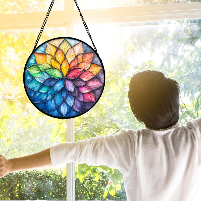 DASTOLL Stained Glass Window Hanging, Colorful Flower Petals Sun Catchers Diamond Glass Panel Hangings Suncatcher Decor for Birthday for Women, Men, Wife, Aunt, and Mom 6.3 in - Image 2