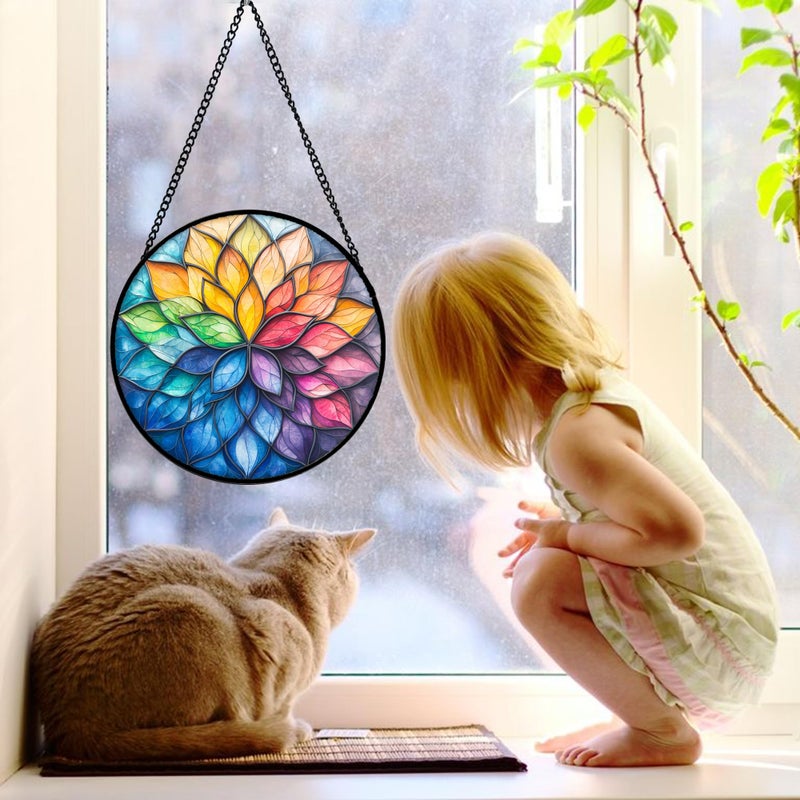 DASTOLL Stained Glass Window Hanging, Colorful Flower Petals Sun Catchers Diamond Glass Panel Hangings Suncatcher Decor for Birthday for Women, Men, Wife, Aunt, and Mom 6.3 in - Image 3