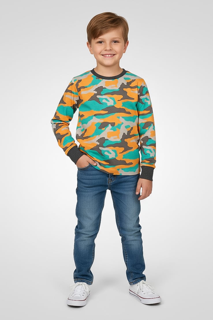Hamleys Toddlers Boy Crew Neck Long Sleeve Camouflage T-Shirt, Multicolor - Image 1