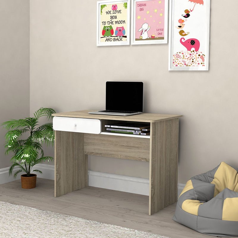 DANUBE HOME Kinder Study Desk With 1 Drawer | Arts And Crafts Desk | Modern Wooden Kids Table L100xW50xH73cm - White & Sonoma Oak - Image 1