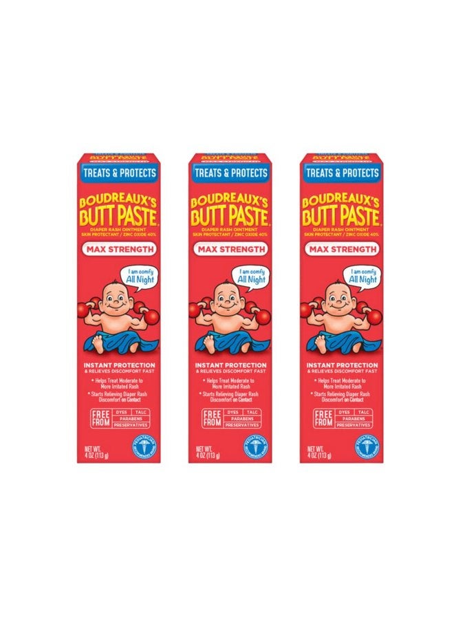 بودرو بات بيست كريم Boudreaux's Butt Paste Maximum Strength لعلاج طفح الحفاضات، مرهم للأطفال، أنبوب 4 أونصة (عبوة من 3 قطع) - Image 1