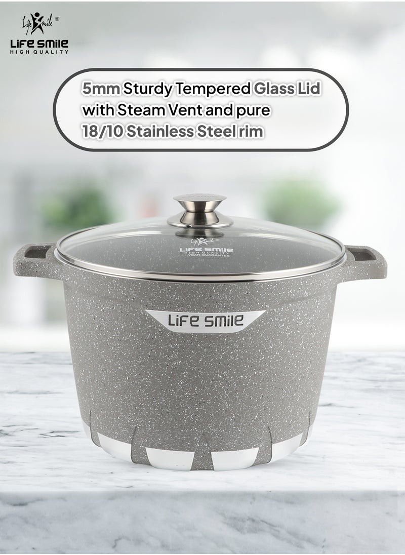 Life Smile - 24/28cm Stock Pot Granite Deep Cooking Pot With Glass Lid 100% PFOA Free, Fixed Handle Multi Layer Non-Stick Granite Coating oven safe & Scratch Resistant - Image 1