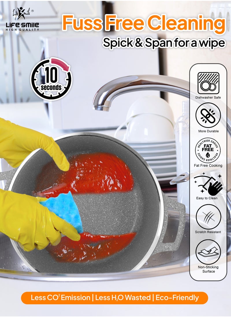 Life Smile - 24/28cm Stock Pot Granite Deep Cooking Pot With Glass Lid 100% PFOA Free, Fixed Handle Multi Layer Non-Stick Granite Coating oven safe & Scratch Resistant - Image 1