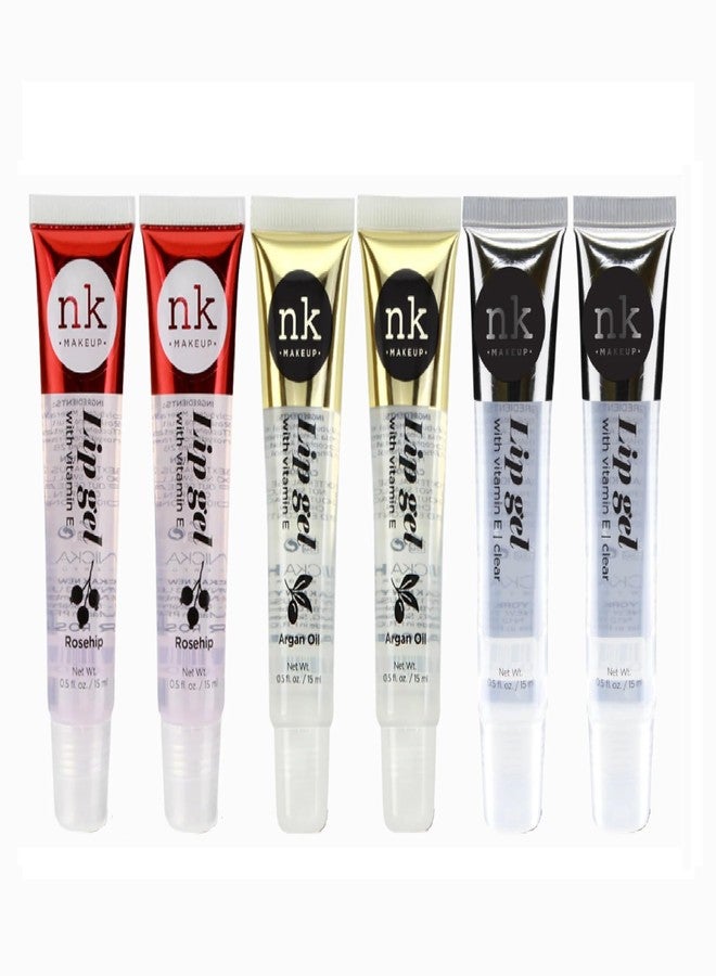 NICKA K NEW YORK 6 PACK Clear Lip Gel with Vitamin E (Argan Oil 2pcs & Rosehip 2pcs & Clear 2pcs) - Image 1