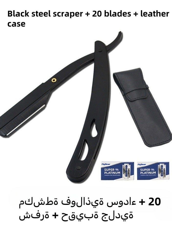 Professional Cut Straight Razor, Single Blade Barber Quality Moustache & Beard Shaving Razor Black, Stainless Steel Professional Barber Straight Edge Shavette Cut Throat Razor (Black steel scraper + 20 blades + leather case) - Image 1