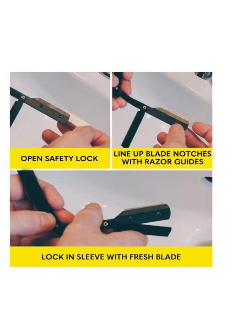 Professional Cut Straight Razor, Single Blade Barber Quality Moustache & Beard Shaving Razor Black, Stainless Steel Professional Barber Straight Edge Shavette Cut Throat Razor (Black steel scraper + 20 blades + leather case) - Image 3