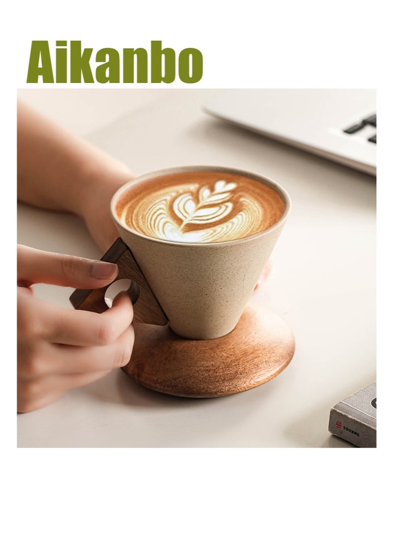 ايكانبو كوب قهوة سيراميك عتيق، مجموعة أكواب قهوة مبتكرة على شكل مخروطي للنساء، أنيقة وصغيرة الحجم، مقبض وقاعدة من الخشب الصلب، مناسبة للاستخدام في المنزل والمطعم والحفلات والمكتب (250 مل) - Image 1