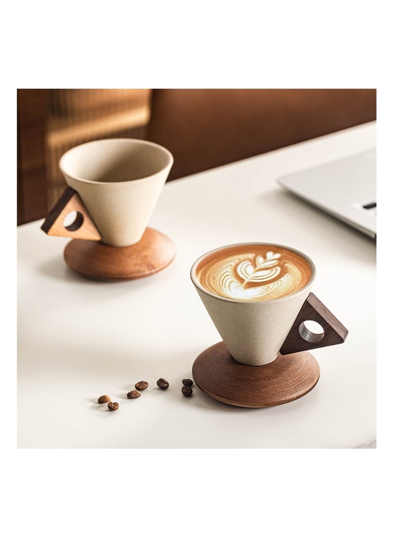 ايكانبو كوب قهوة سيراميك عتيق، مجموعة أكواب قهوة مبتكرة على شكل مخروطي للنساء، أنيقة وصغيرة الحجم، مقبض وقاعدة من الخشب الصلب، مناسبة للاستخدام في المنزل والمطعم والحفلات والمكتب (250 مل) - Image 4