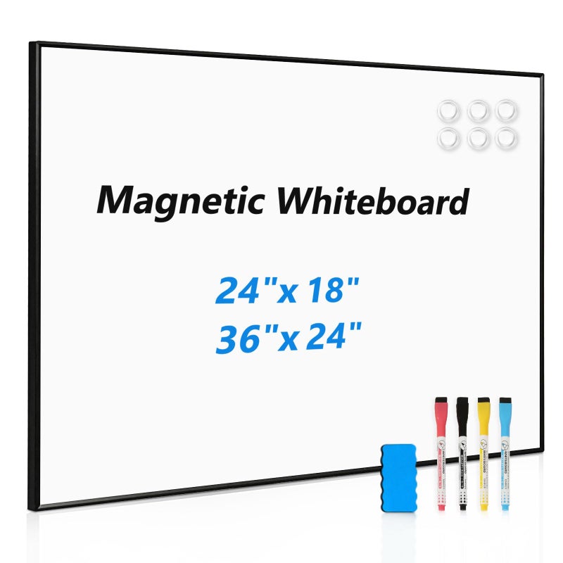 QUEENLINK Whiteboard for Wall 24 x 18 Magnetic Dry Erase White Board Hanging Black Aluminum Frame Wipe Board for Home Office School Kitchen Dorm