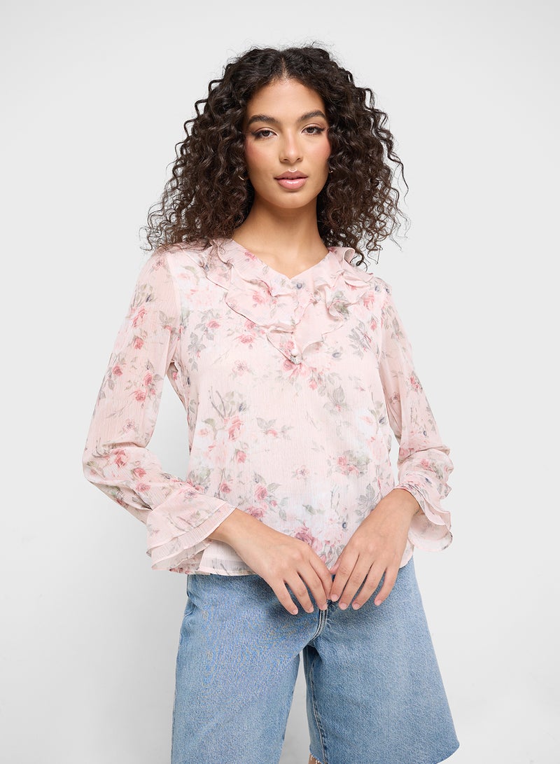 جينجر بلوزة مزينة بكشكش وطبعات زهور - Image 1