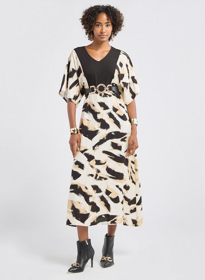 Splash FAV Printed V-neck Midi Dress with Short Sleeves - Image 2
