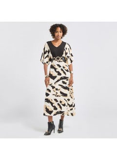 FAV Printed V-neck Midi Dress with Short Sleeves  - Image 2