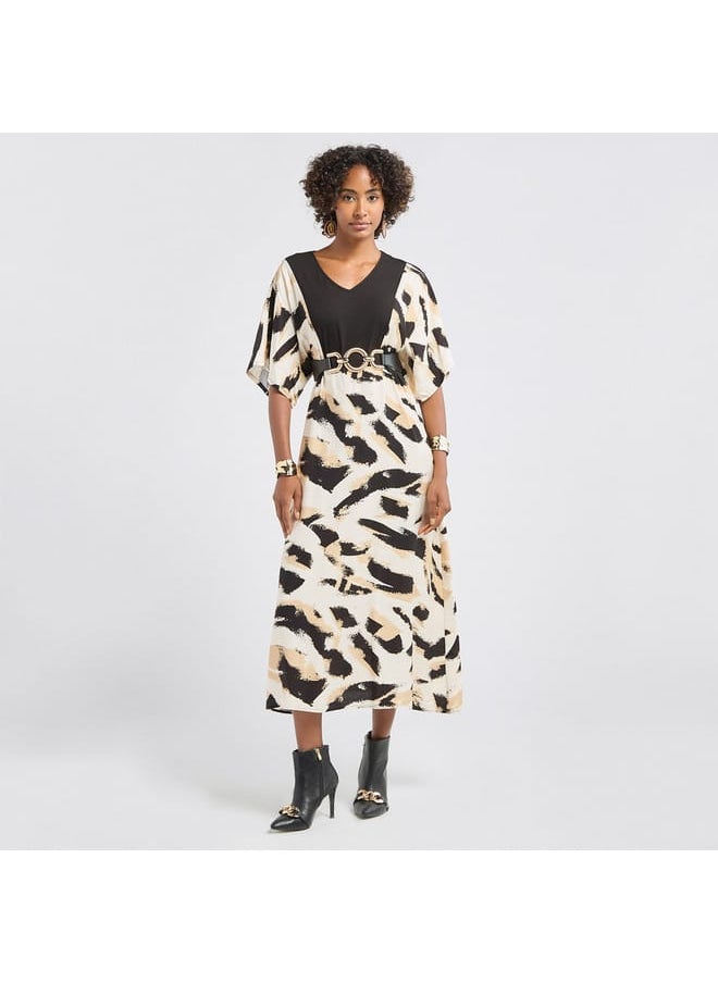 FAV - Printed V-neck Midi Dress with Short Sleeves - Image 1