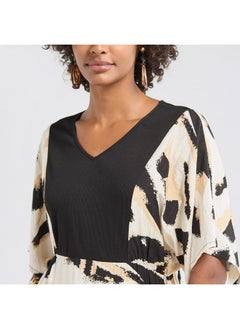 FAV Printed V-neck Midi Dress with Short Sleeves  - Image 4