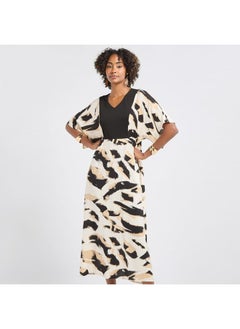 FAV Printed V-neck Midi Dress with Short Sleeves  - Image 1