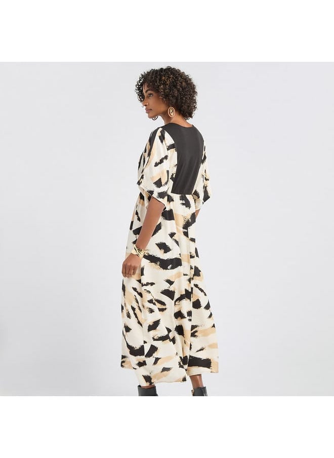 FAV - Printed V-neck Midi Dress with Short Sleeves - Image 1