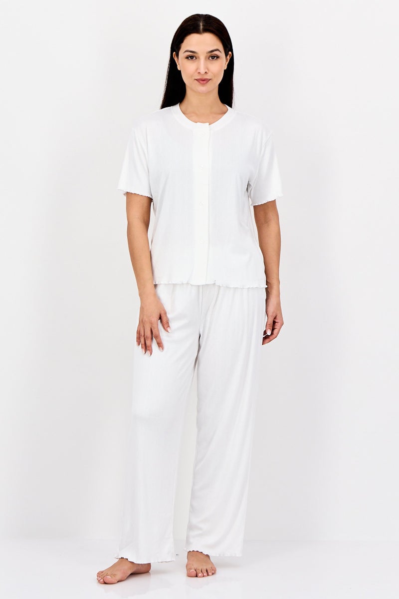 FOREVER 21 Women 2 Pieces Shorts Sleeve Pyjama Top And Pants Set, White - Image 1