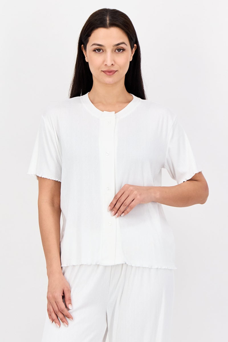 FOREVER 21 Women 2 Pieces Shorts Sleeve Pyjama Top And Pants Set, White - Image 3