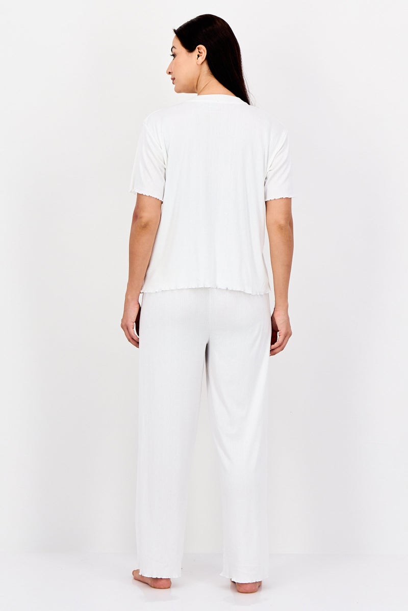 FOREVER 21 Women 2 Pieces Shorts Sleeve Pyjama Top And Pants Set, White - Image 4