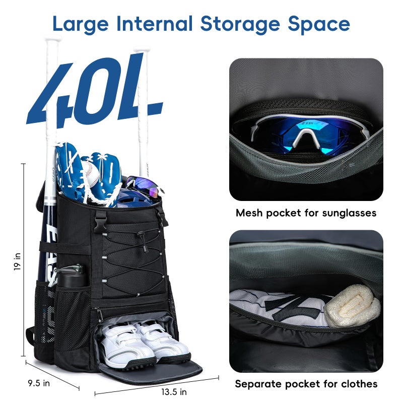 KAVIGOR Baseball Bag for Youth and Adult, Softball Backpack 40L Large Capacity, Bat Backpack with Shoes Compartment and Hidden Helmet Holder - Image 3