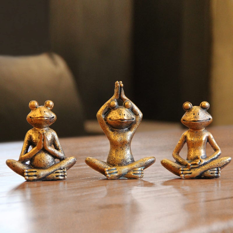 Smadeer Bronze Frog Figurines, 3-Piece Yoga Decor Set, Antique Bronze Color, Handmade Home Decoration - Image 1