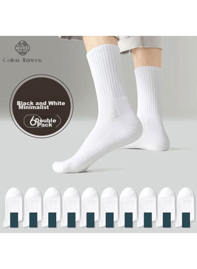 Cotton Thirteen Mianshisan Zhuji جوارب رجالية ، خريف وشتاء، لون صلب أسود وأبيض، عمل عادي، قابل للتنفس، جوارب طويلة عالية، 6 أزواج - Image 1