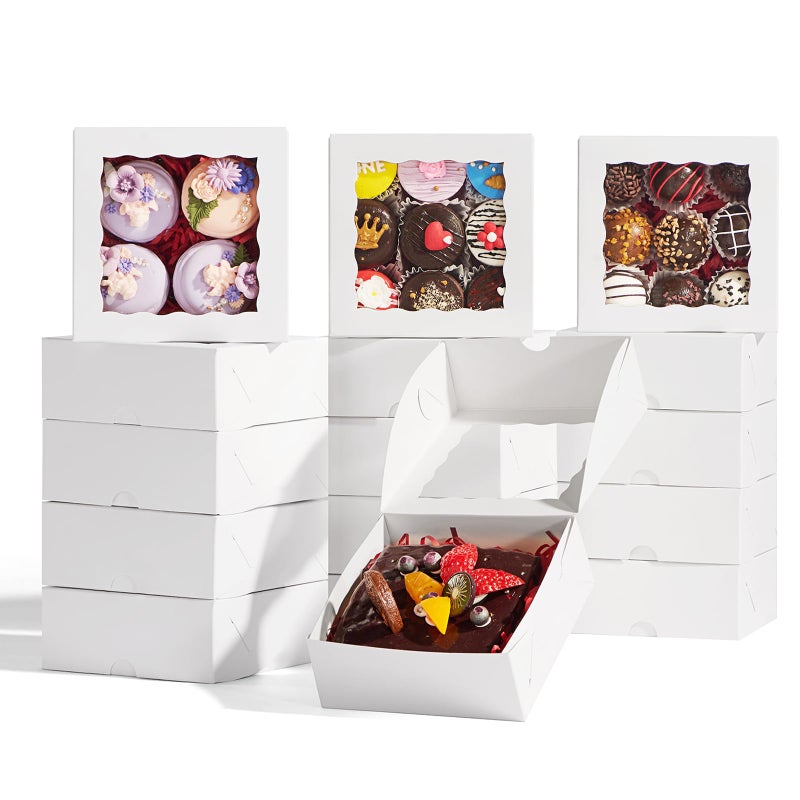 RomanticBaking 51PCS 5x5x2 Inch Bakery BoxesCookie Boxes with Window Pastry Boxes for Macaroon Dessert Cupcake Donut Pastry Muffins