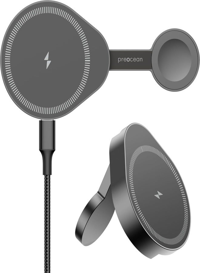 2-in-1 Wireless Charger for MagSafe & Apple Watch, Foldable Charging Pad with Portable Travel Stand, Titanium, 5 FT USB-C Cable