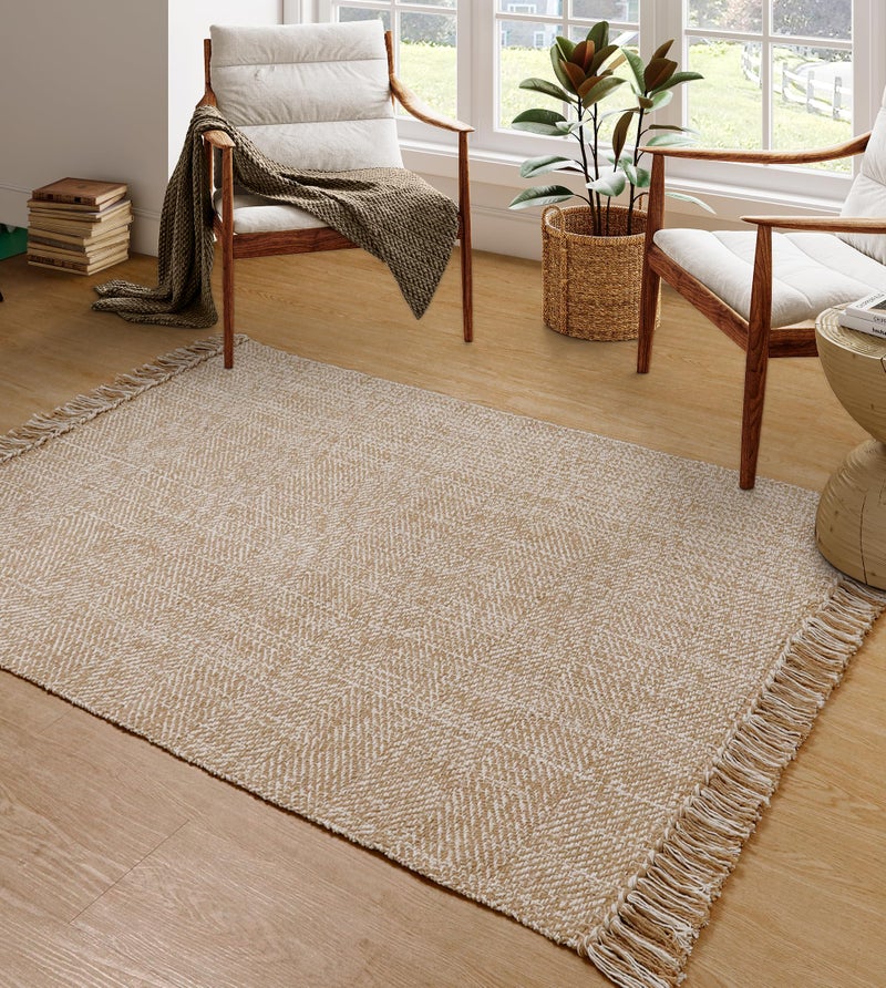 Collive Comfy Area Rug 4' x 6', Tan/Cream Woven Cotton Bedroom Rugs, Modern Indoor Accent Rug Floor Carpet with Tassel for Living Room, Nursery Room, Dining Room, Bedside, Office, Patio Decor - Image 1