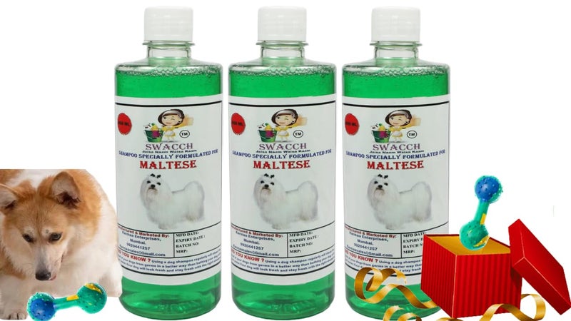 swacch Maltese Dog Shampoo + Dumbbell Toy I Durable Rubber Dog Toy for Chewing I Playing,Teeth Cleaning & Training Toy I Combo Pack I 500ml Pack of 3 Neem Alovera - Image 1