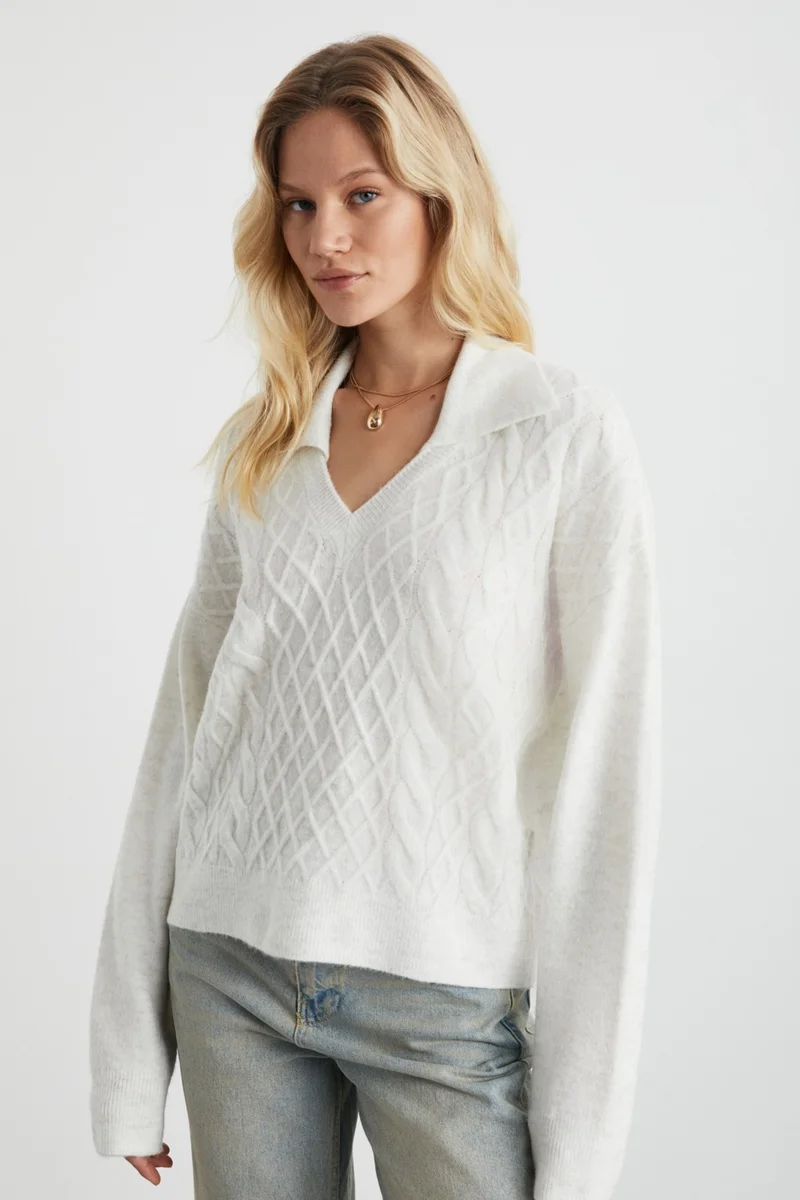 GRIMELANGE Nıpur Women's V Neck Recycle Knitwear Ecru Sweater
