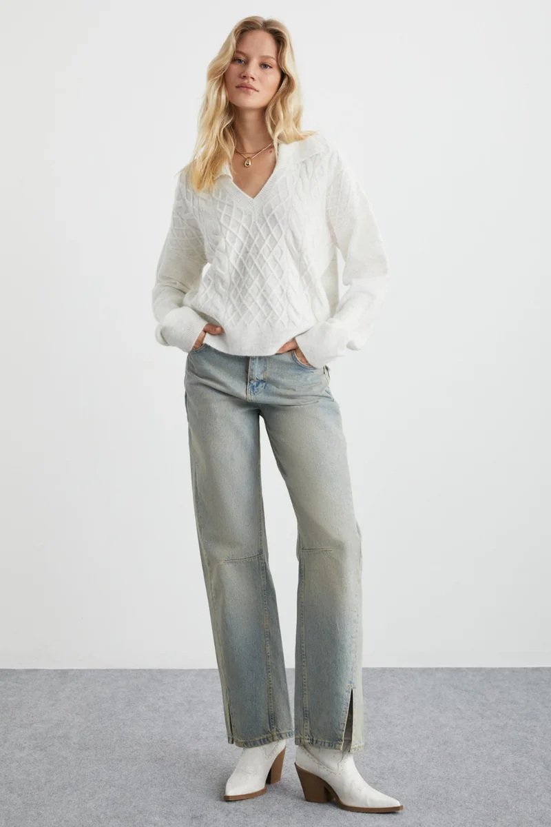 GRIMELANGE Nıpur Women's V Neck Recycle Knitwear Ecru Sweater