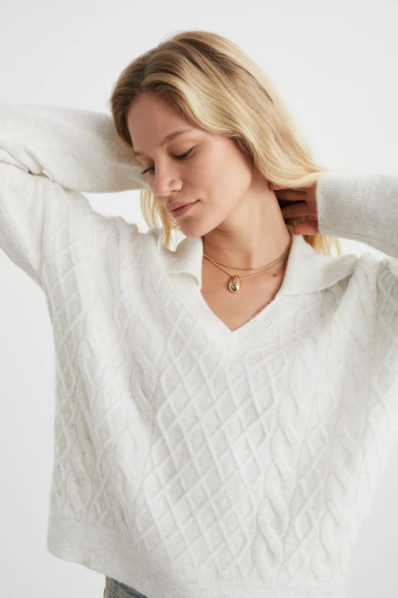 GRIMELANGE Nıpur Women's V Neck Recycle Knitwear Ecru Sweater