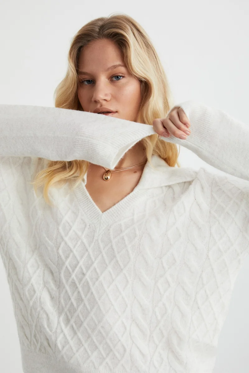 GRIMELANGE Nıpur Women's V Neck Recycle Knitwear Ecru Sweater