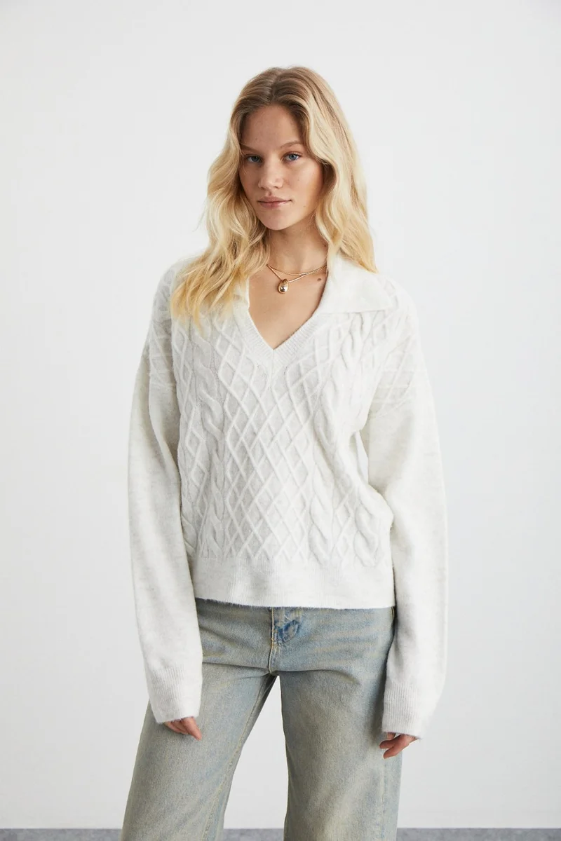 GRIMELANGE Nıpur Women's V Neck Recycle Knitwear Ecru Sweater