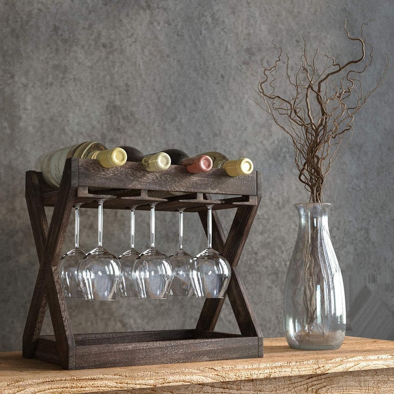 Rustic State Cava Countertop Solid Wood Wine Rack for 4 Bottles and 6 Stemware Glass Holder Cork Storage Tabletop Tray Freestanding Organizer - Home, Kitchen, Dining Room Bar Décor - Walnut - Image 2