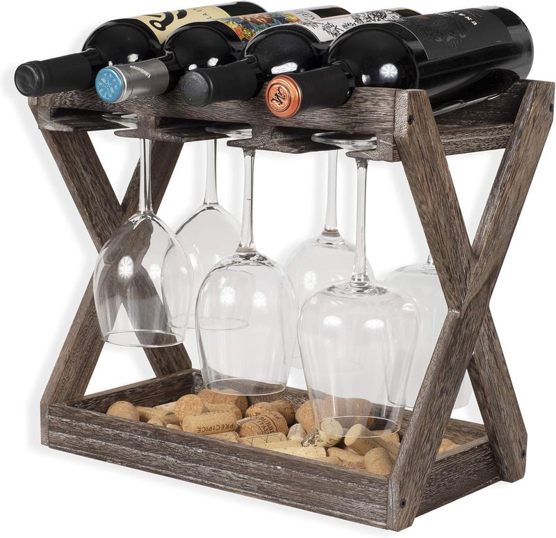 Rustic State Cava Countertop Solid Wood Wine Rack for 4 Bottles and 6 Stemware Glass Holder Cork Storage Tabletop Tray Freestanding Organizer - Home, Kitchen, Dining Room Bar Décor - Walnut - Image 1