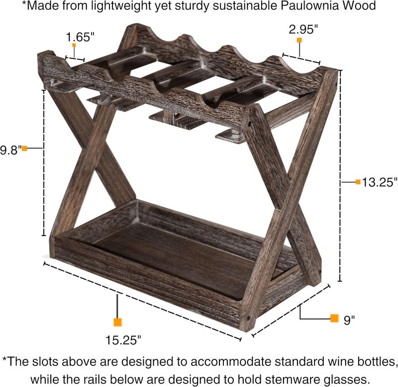 Rustic State Cava Countertop Solid Wood Wine Rack for 4 Bottles and 6 Stemware Glass Holder Cork Storage Tabletop Tray Freestanding Organizer - Home, Kitchen, Dining Room Bar Décor - Walnut - Image 5
