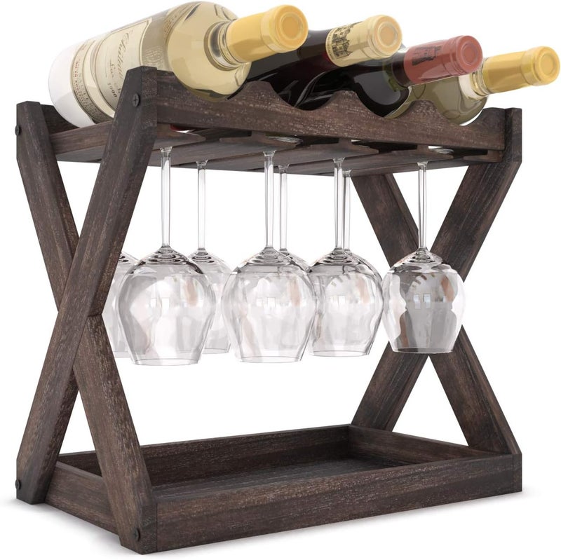 Rustic State Cava Countertop Solid Wood Wine Rack for 4 Bottles and 6 Stemware Glass Holder Cork Storage Tabletop Tray Freestanding Organizer - Home, Kitchen, Dining Room Bar Décor - Walnut - Image 4