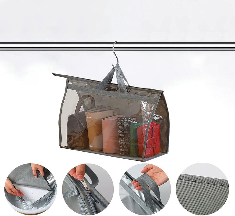 Raggle Foldable Hanging Handbag Organizer for Women | Transparent Purse Cover Storage Organizer for Wardrobe, Closet with Zipper Closure | Large Capacity Bag Holder for Ladies (Set of 4, Grey) - Image 4